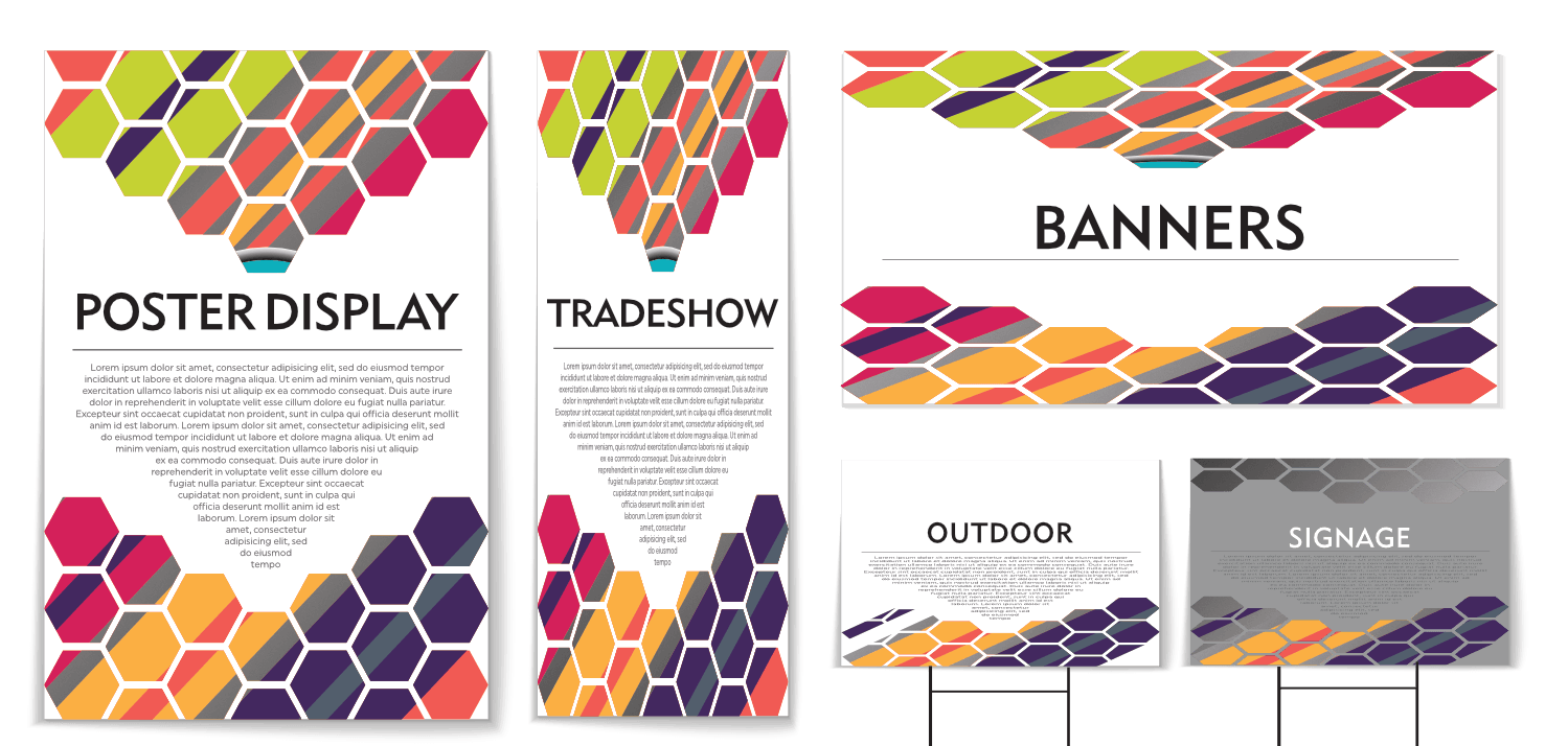 Large/wide format printing examples, including posters, tradeshow banners, and outdoor signage